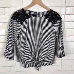 Gingham Tie Front Blouse, Lace
